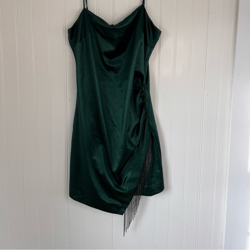 GUESS satin green mini dress with ruffled side